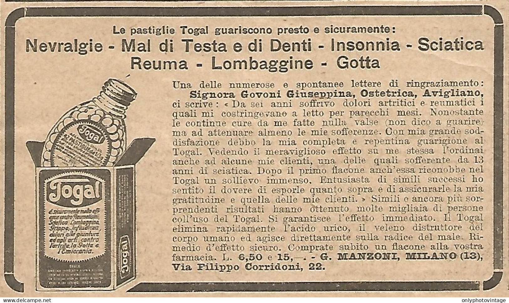 W1695 Pastiglie TOGAL Per Mal Di Denti - Pubblicità Del 1926 - Old Advertising - Advertising