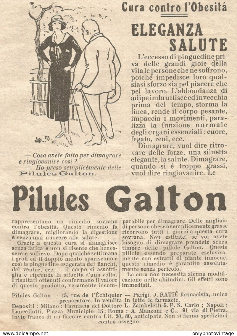 W1672 Pilules GALTON - Cura Contro L'obesità - Pubblicità Del 1926 - Old Advert - Advertising