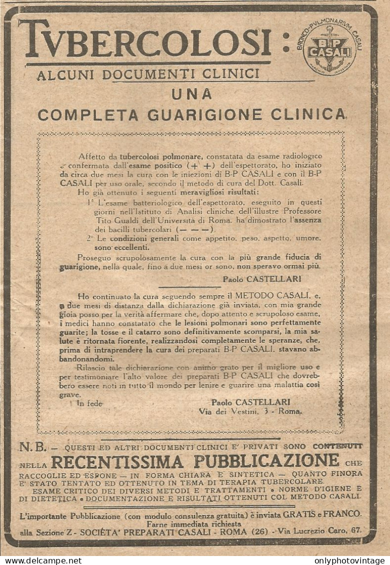 W1662 Metodo Casali Guarisce La TUBERCOLOSI - Pubblicità Del 1926 - Old Advert - Advertising