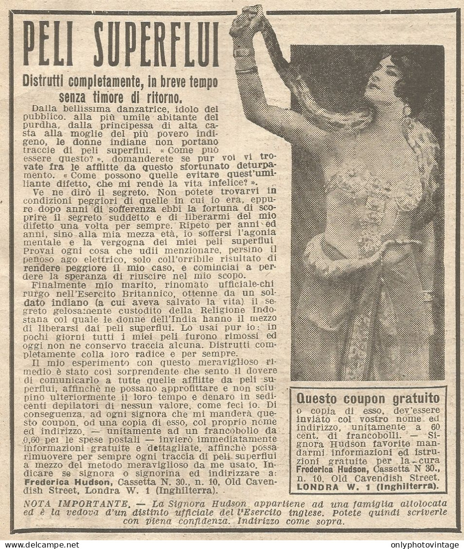 W1667 Frederica Hudson - Via I Peli Superflui - Pubblicità Del 1926 - Old Advert - Werbung