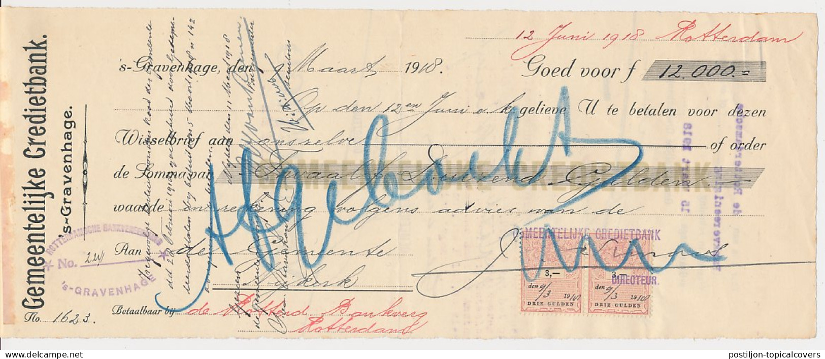 Plakzegel 3.- / 3.- Den 19.. - Wisselbrief Den Haag 1918 - Revenue Stamps