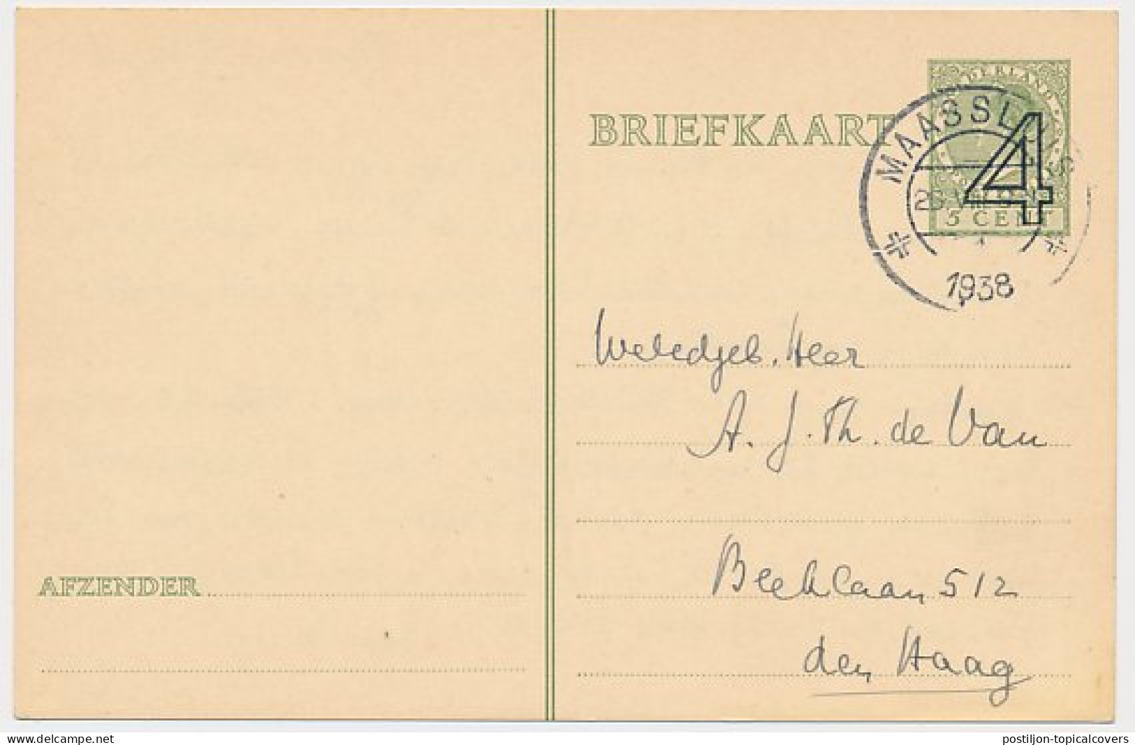 Briefkaart G. 250 Maassluis - S Gravenhage 1938 - Ganzsachen