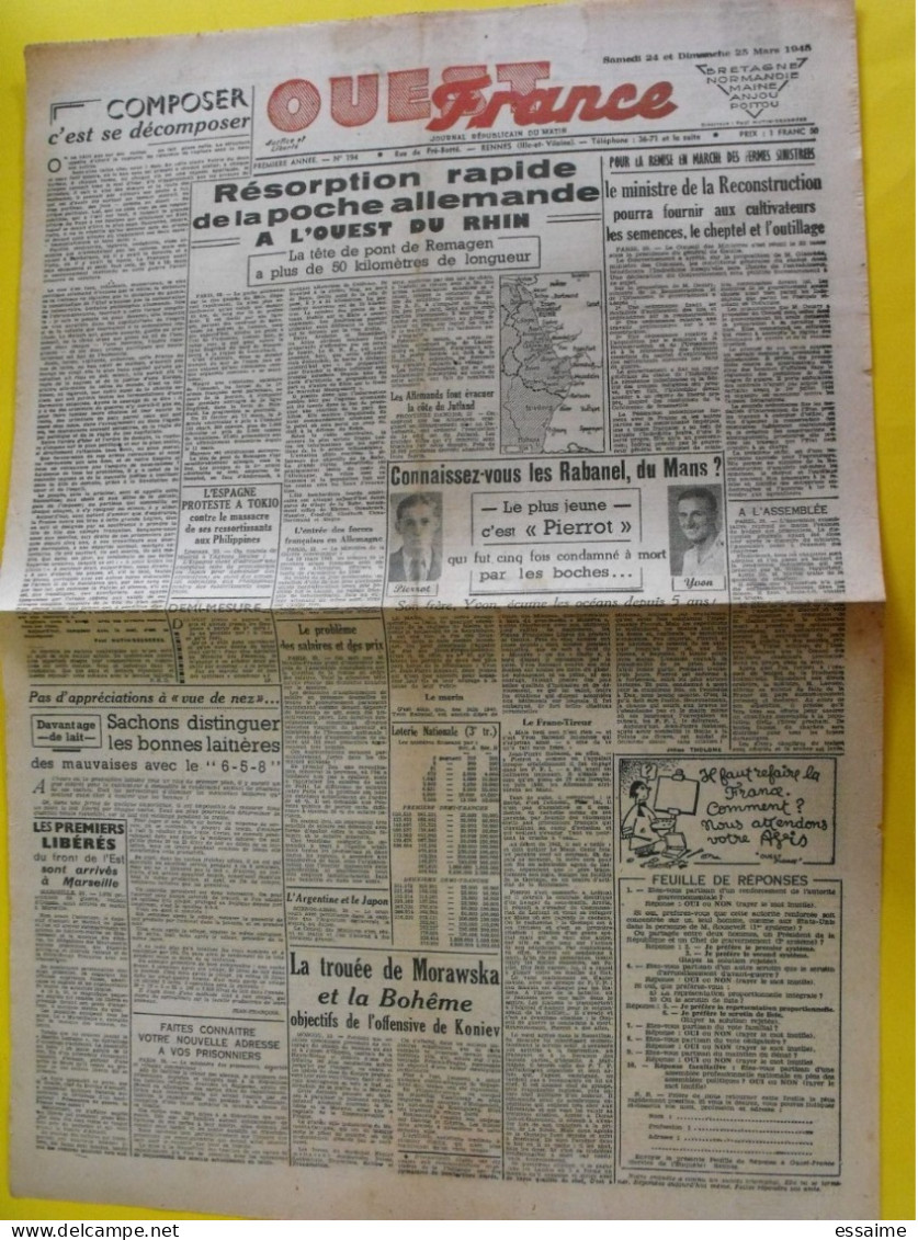 Journal L'Ouest France Du 24-25 Mars 1945. Guerre De Gaulle  Rhin Remagen Rabanel Le Mans Tokio  Japon Espagne - Andere & Zonder Classificatie