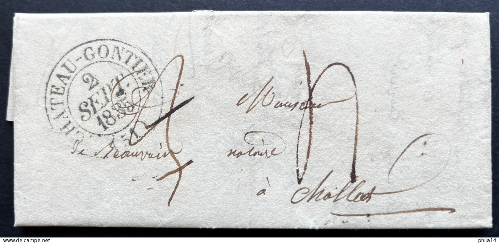 MARQUE POSTALE CHATEAU GONTIER POUR CHOLET / 2 SEPT 1835 / TAXE 4 / LAC - 1849-1876: Periodo Clásico