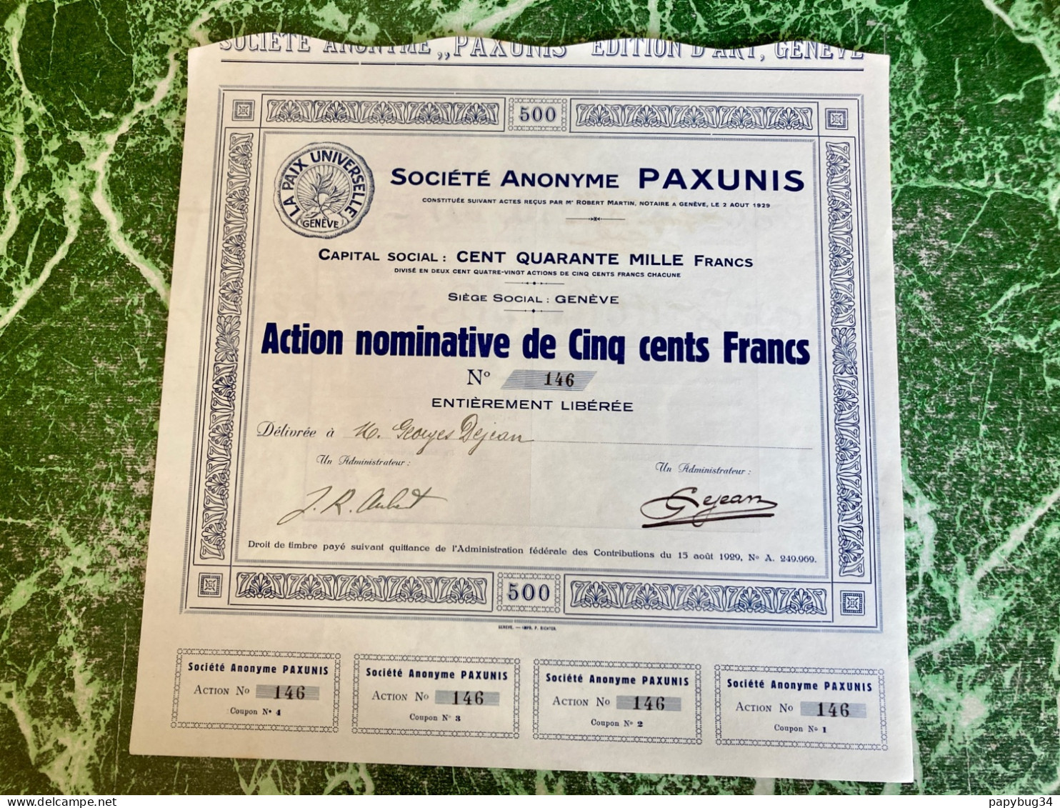 Société  Anonyme  PAXUNIS  -------------   Action  De  500 Frs - Andere & Zonder Classificatie