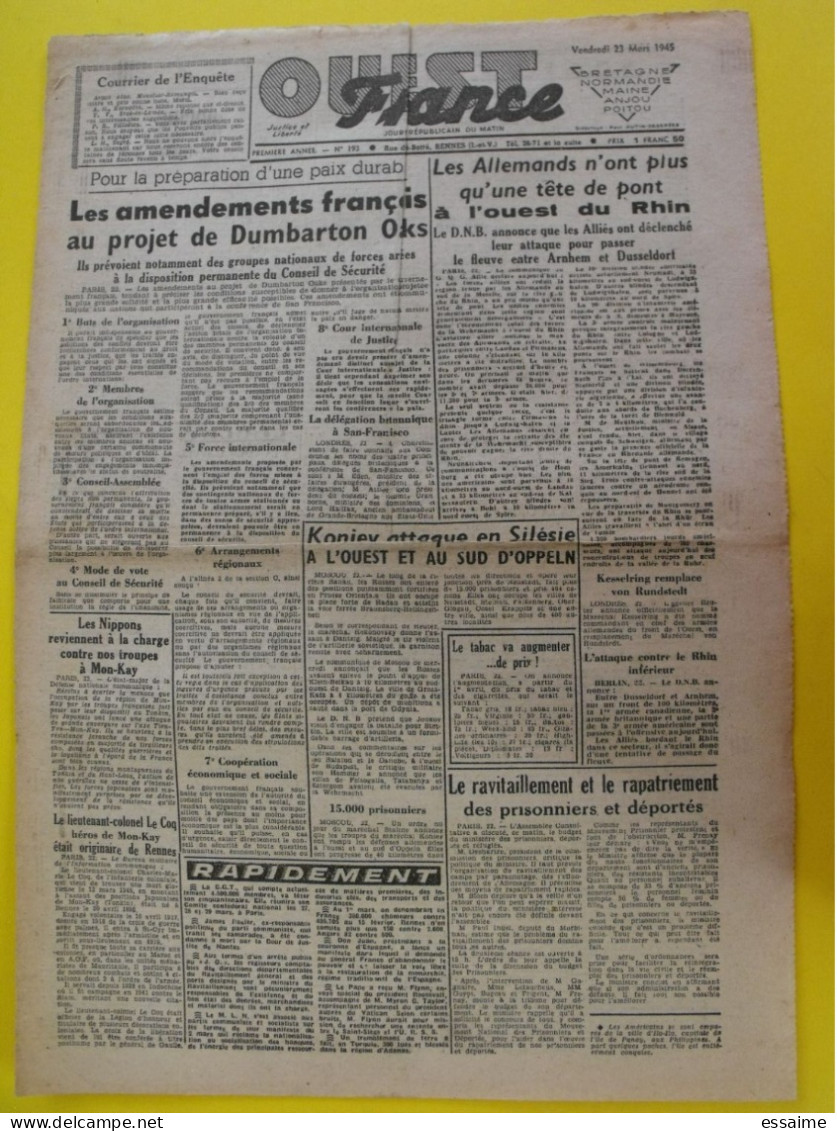 Journal L'Ouest France Du 23 Mars 1945. Guerre De Gaulle  Rhin Japon Le Coq Indochine Michel Debré Angers Savary Cholet - Otros & Sin Clasificación