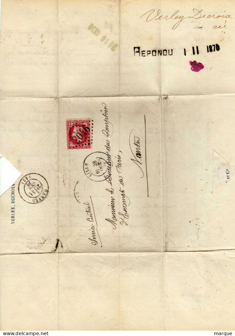 Document Avec Timbre  Valeur 80c Rose Oblitération 28/10/1870 - 1849-1876: Période Classique