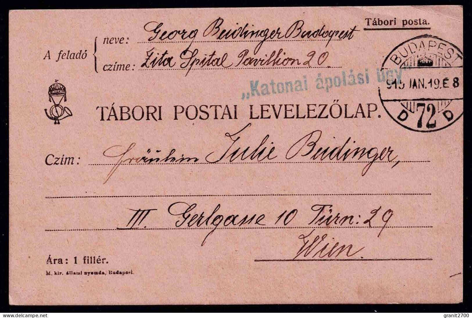 Tàbori Postai Levelezölap Vom 19.Jan. 1915 - " Katonai àpolàsi ÜGV" - Budapest - Lettres & Documents