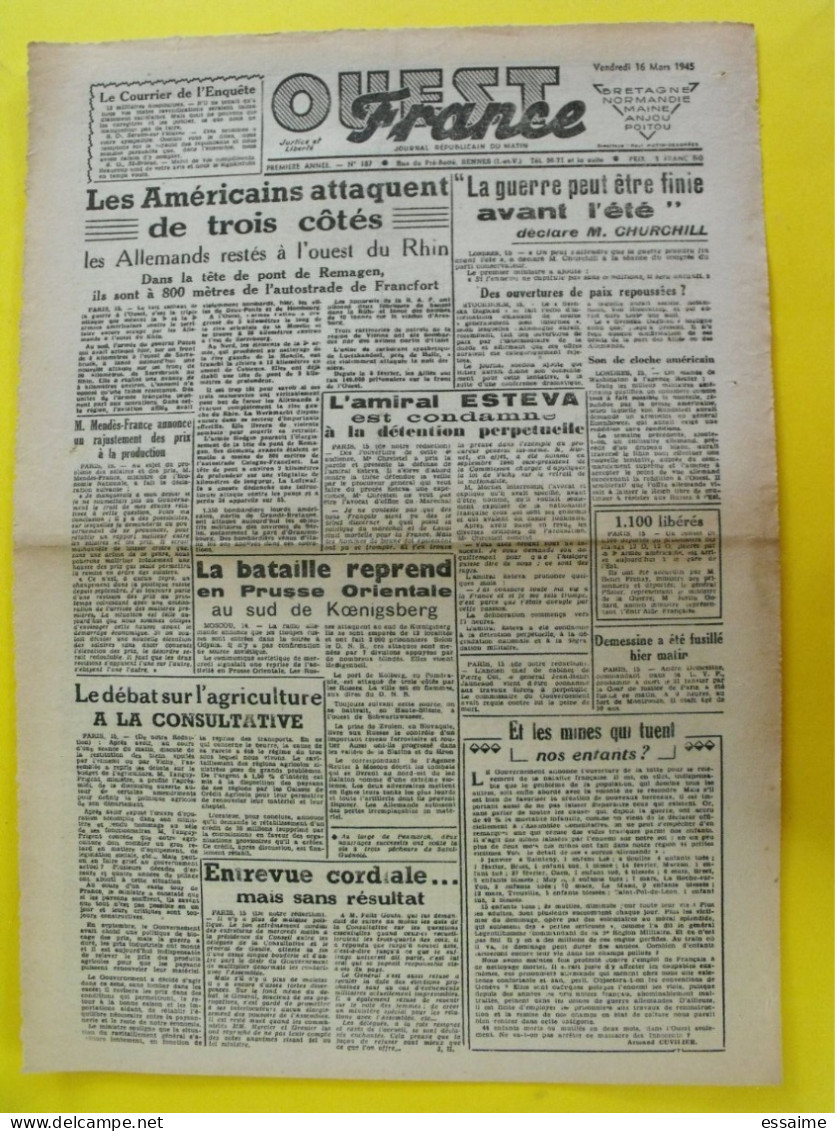 Journal L'Ouest France Du 16 Mars 1945. Guerre De Gaulle Rhin épuration Esteva Demessine LVF Mendès France - Autres & Non Classés