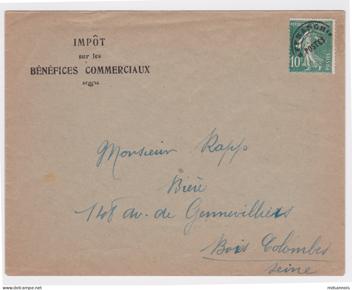 Enveloppe Avec Préo N° 51 10 C Vert Impôt Sur Les Bénéfices Commerciaux, Pour Bois Colombes Seine - 1893-1947