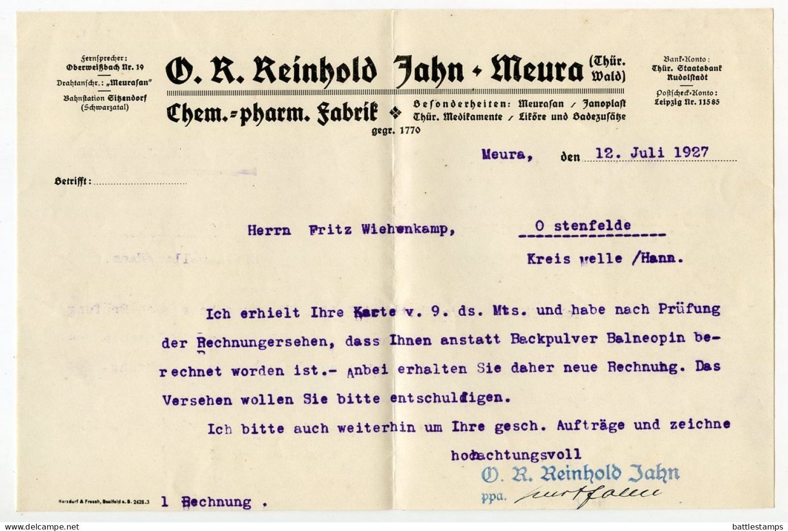 Germany 1927 Cover w/ Multiple Contents; Meura (Thüringerw.) - Meurasan, O. R. Reinhold Jahn; 10pf. Frederick the Great