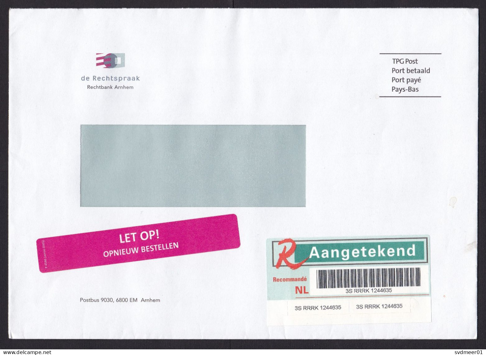Netherlands: Registered Cover, 2000s, Rare Label Deliver Again, R-label, From Court Of Justice (very Small Stain) - Storia Postale