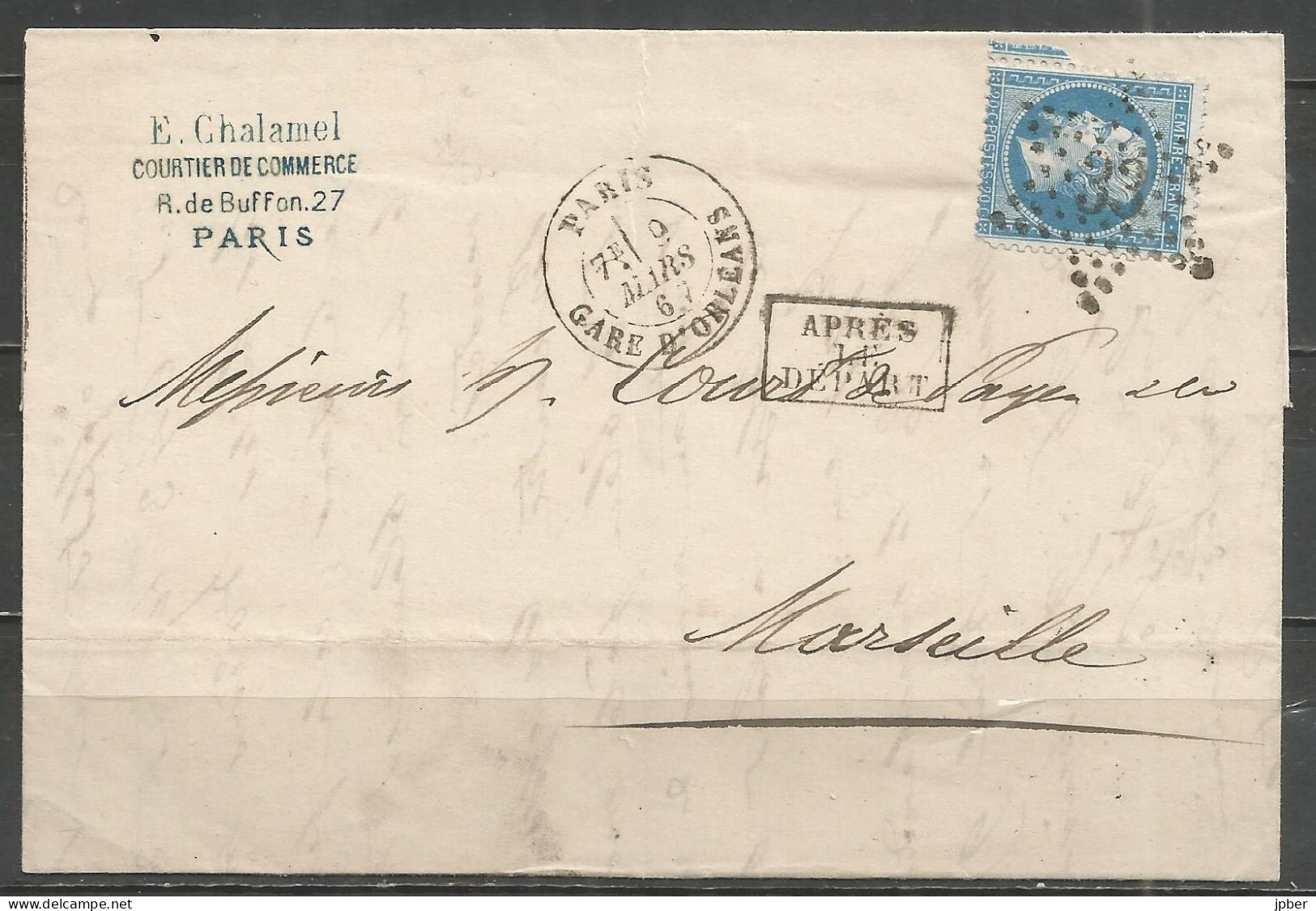 France - Paris Gare D'Orléans - Lettre De Paris à Marseille Du 9/3/67 - Cachet étoile De Points N°33 - Poste Ferroviaire