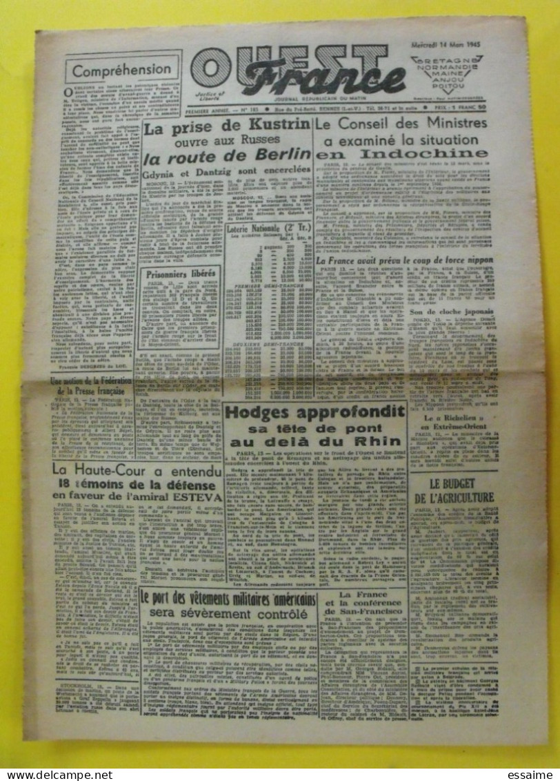 Journal L'Ouest France Du 14 Mars 1945. Guerre De Gaulle Berlin Indochine Rhin Hodges Esteva - Autres & Non Classés