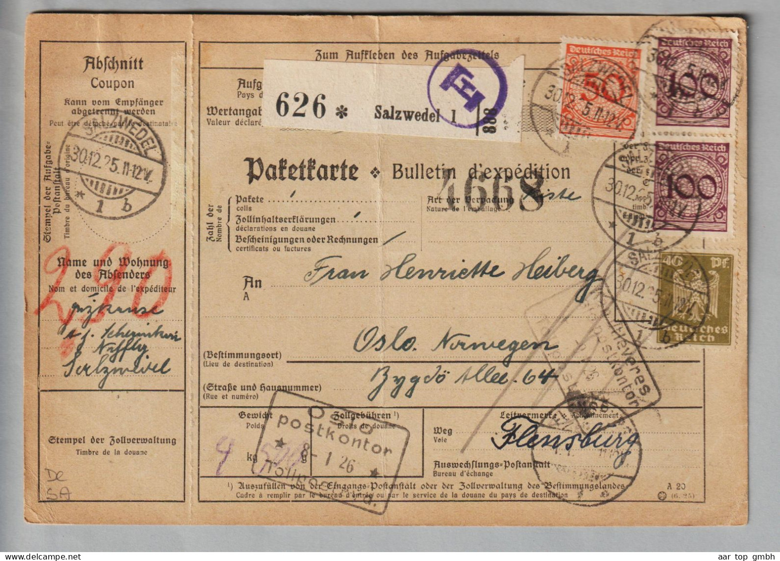 DE Heimat Sa. Salzwedel 1925-12-30 Paketkarte Nach Oslo - Storia Postale