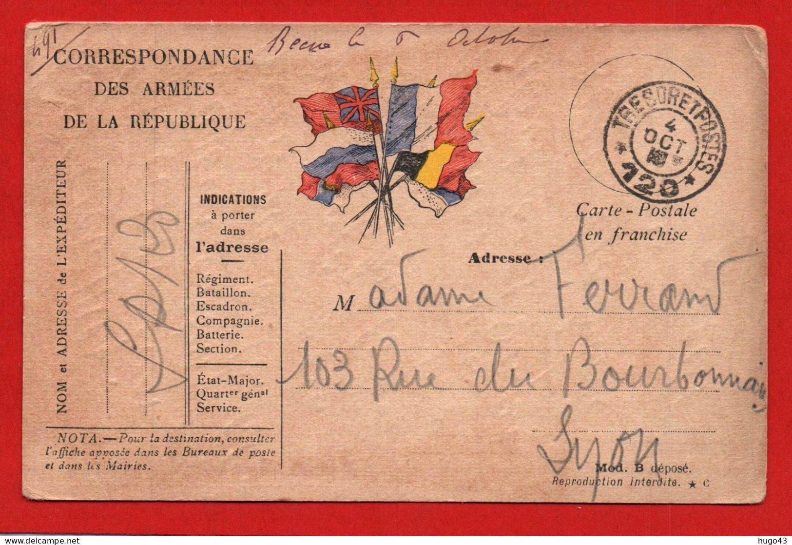 (RECTO / VERSO) CARTE CORRESPONDANCE DES ARMEES DE LA REPUBLIQUE LE 04/10/1918 - TRESOR ET POSTES SECTEUR POSTAL 120 - Briefe U. Dokumente