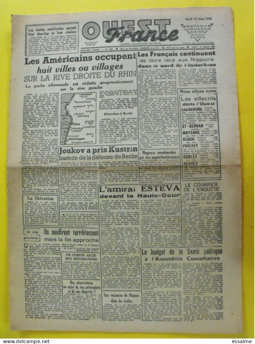 Journal L'Ouest France Du 13 Mars 1945. Guerre De Gaulle Berlin Indochine Rhin Japon Esteva Déportés Prisonniers Nagoya - Other & Unclassified