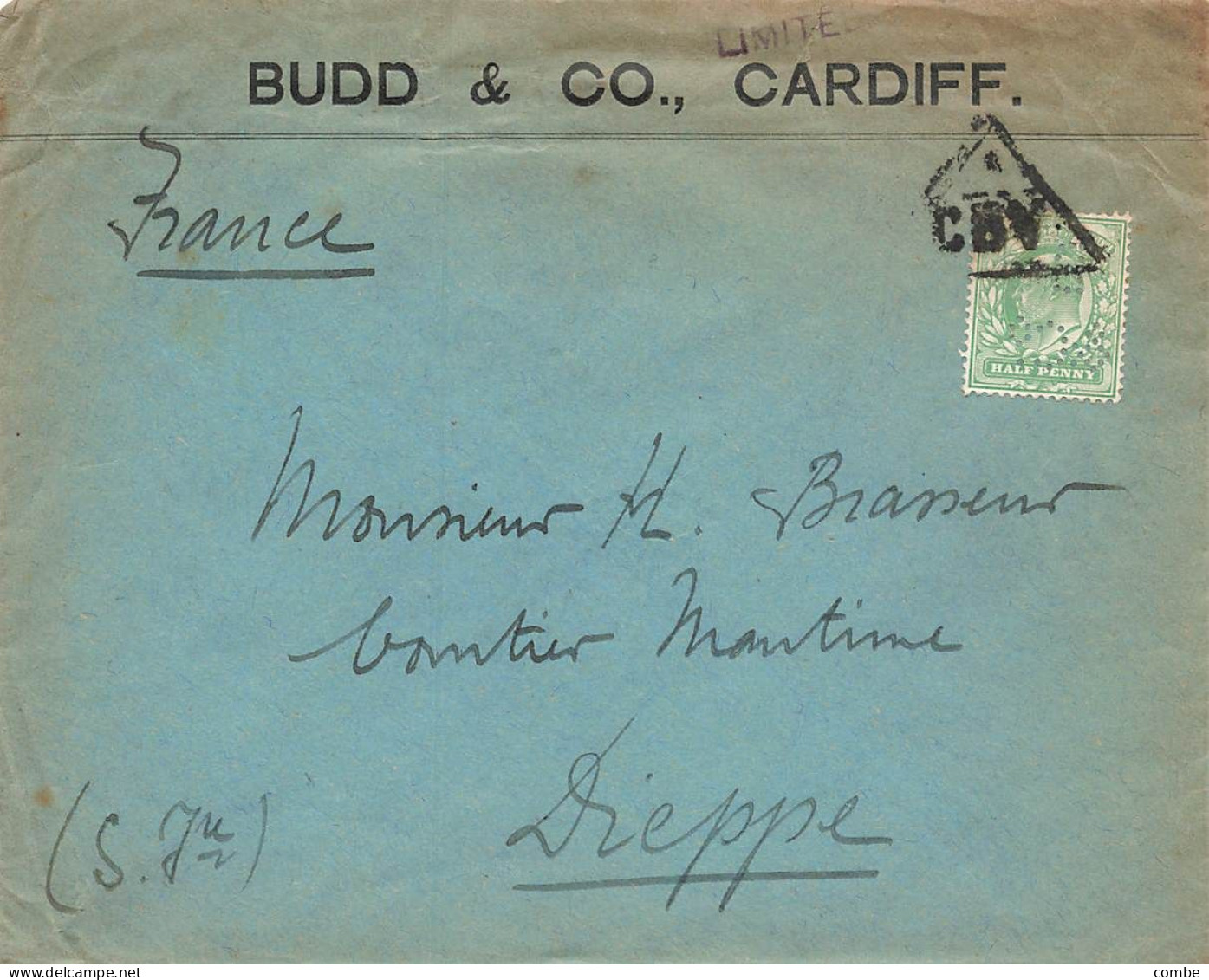 LETTRE. BUDD & C° CARDIFF. LIMITED. CBV. 1/2p PERFORE. POUR LA FRANCE - Covers & Documents