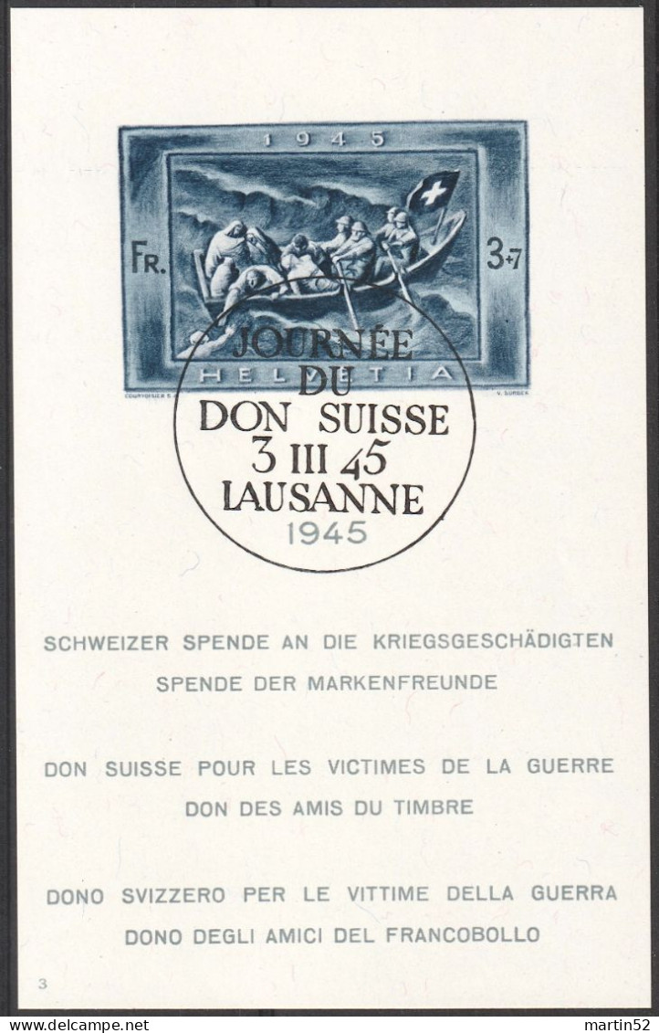 Schweiz Suisse 1945: Zu WIII 21 Mi 445 Block 11 Yv BF 11 (N° 3) Avec ⊙ DON SUISSE 3.III.45 LAUSANNE (Zu CHF 250.00) - Blokken