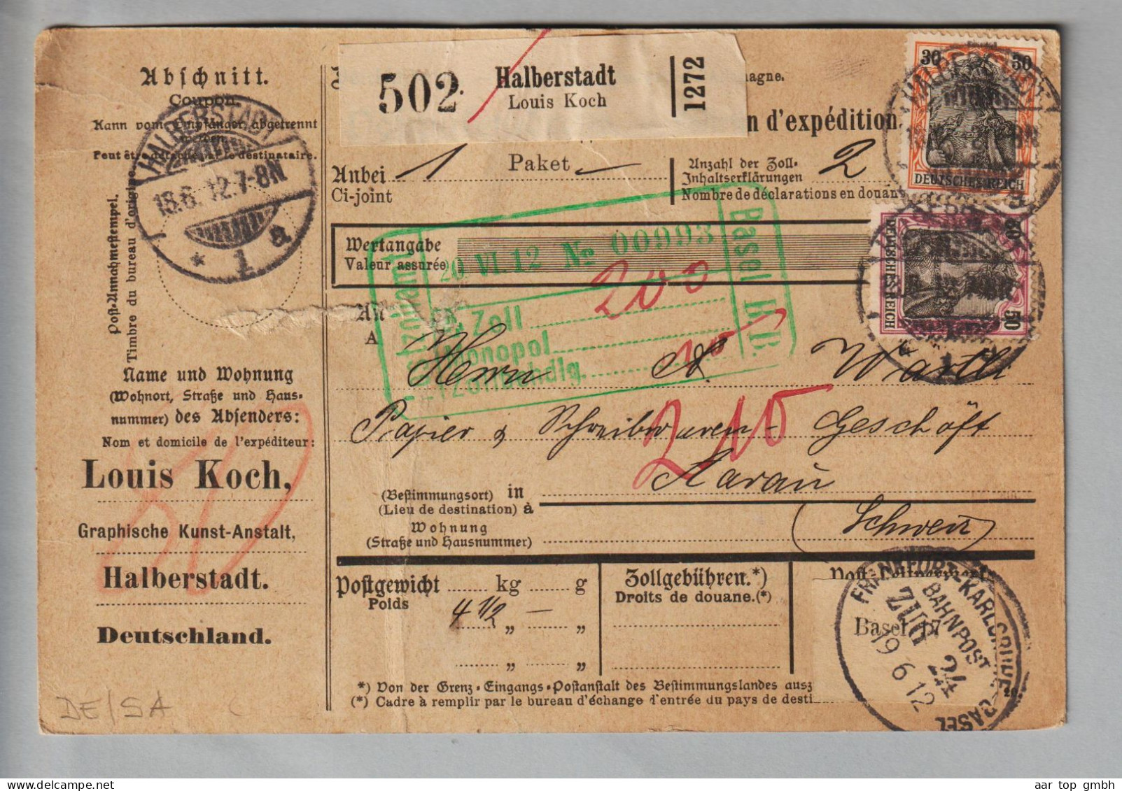 DE Heimat Sa. Halberstadt 1912-06-15 Firmen-Paketkarte Louis Koch Nach Aarau CH - Cartas & Documentos