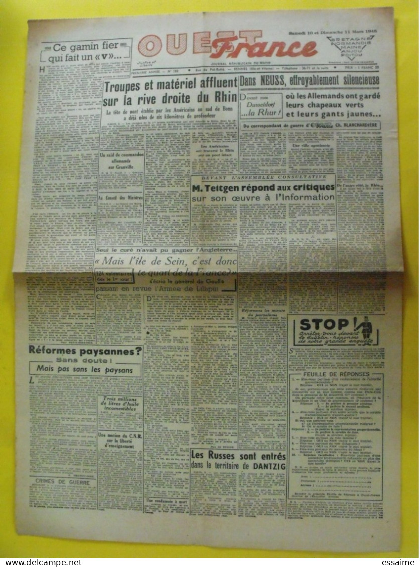 Journal L'Ouest France Du 10-11 Mars 1945. Guerre De Gaulle Neuss Teitgen Rhin Ile De Sein Dantzig - Otros & Sin Clasificación