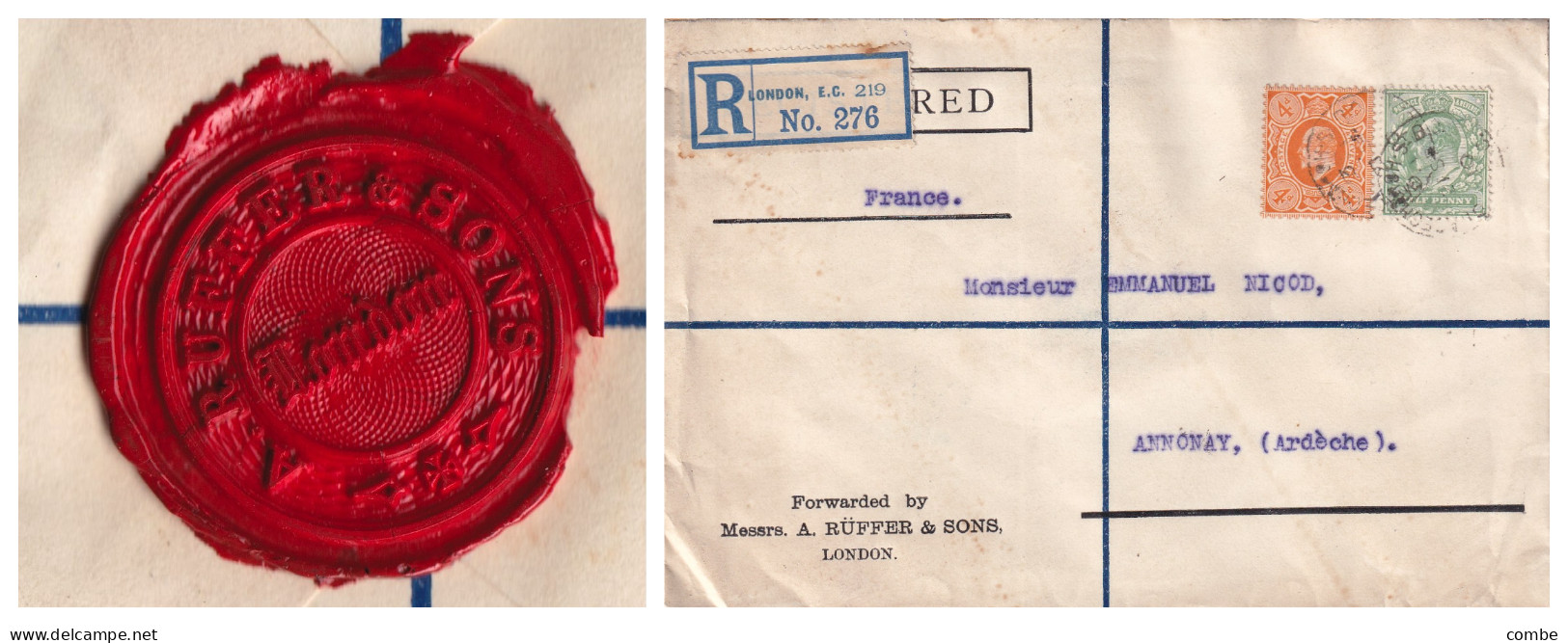 LETTRE. 1910. RECOMMANDE LONDON RUFFER & SONS POUR LA FRANCE - Cartas & Documentos