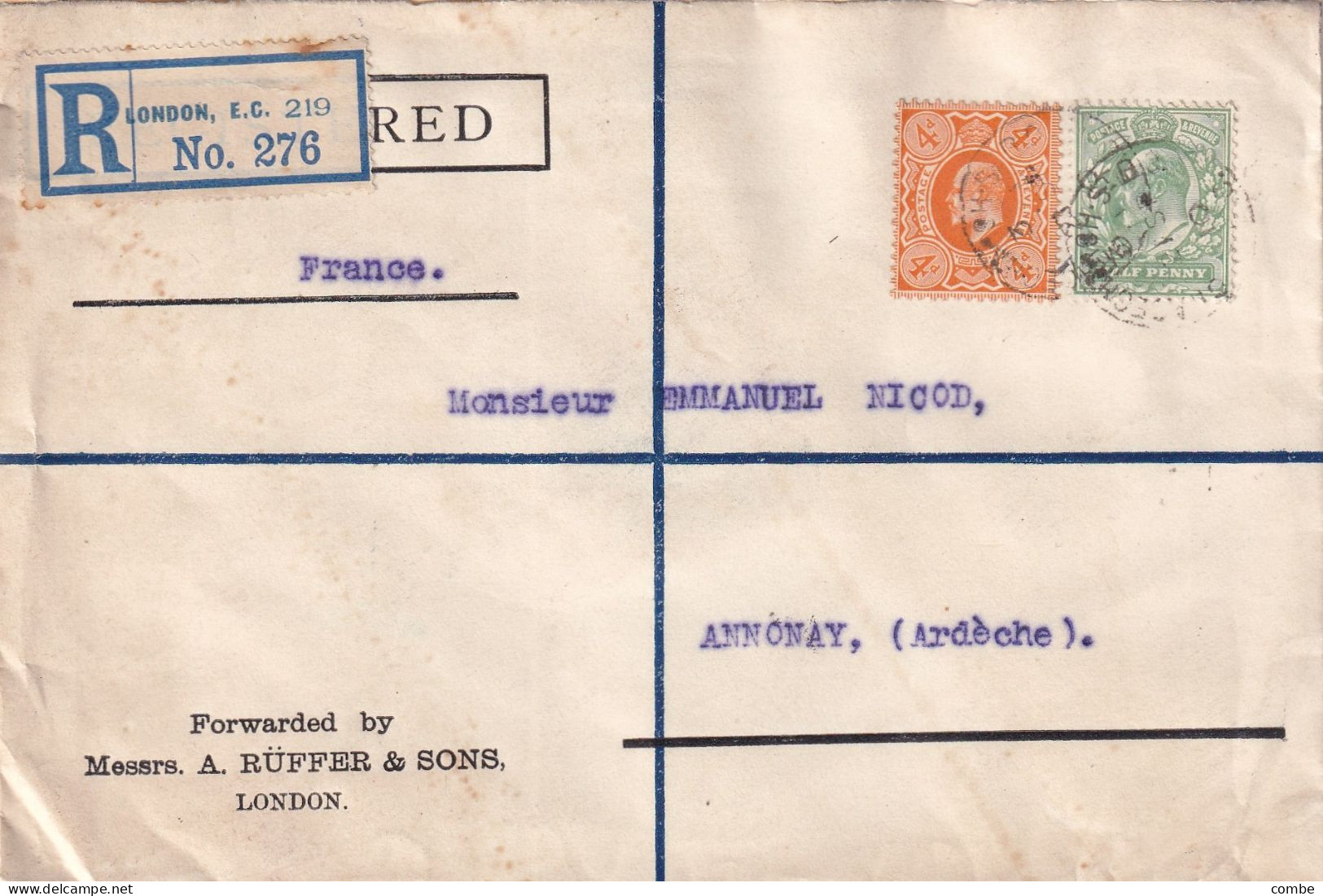 LETTRE. 1910. RECOMMANDE LONDON RUFFER & SONS POUR LA FRANCE - Covers & Documents