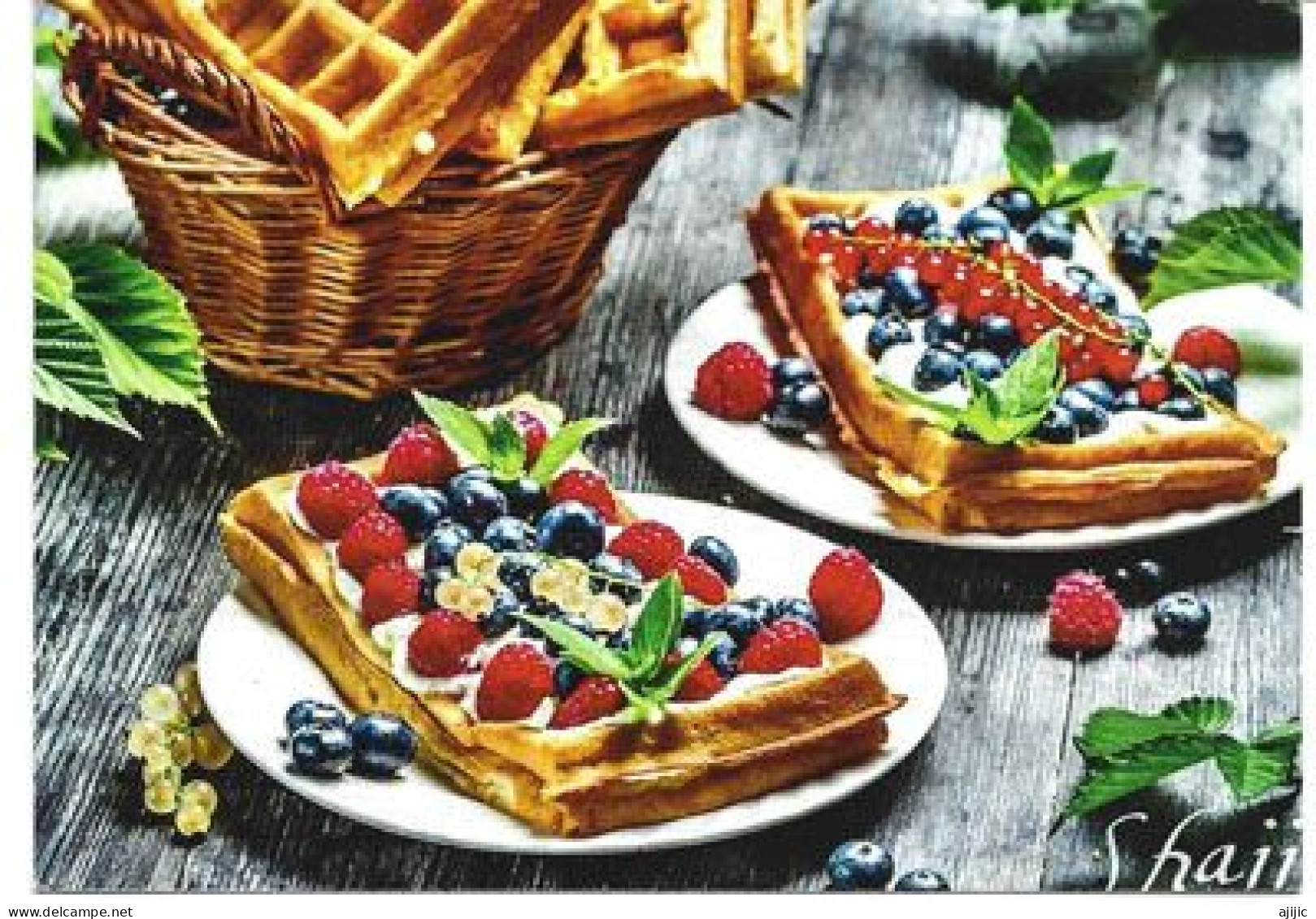 Waffles With Strawberries. Postcard - Cafés