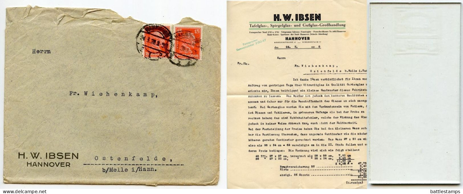 Germany 1927 Cover W/ Letter & Glass Sample; Hannover - H.W. Ibsen, Glass Wholeseller; 15pf. Kant X 2 - Brieven En Documenten