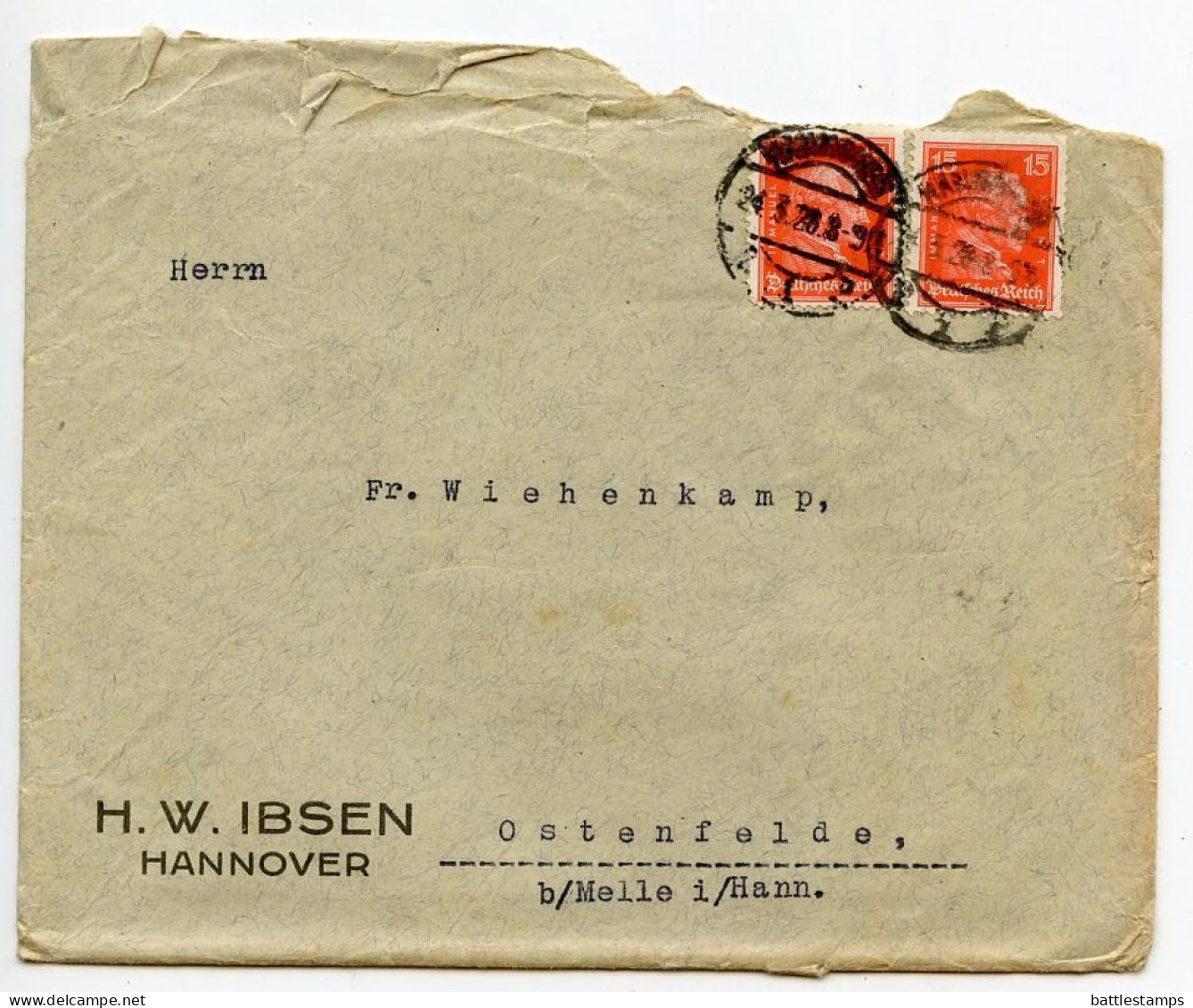 Germany 1927 Cover W/ Letter & Glass Sample; Hannover - H.W. Ibsen, Glass Wholeseller; 15pf. Kant X 2 - Lettres & Documents