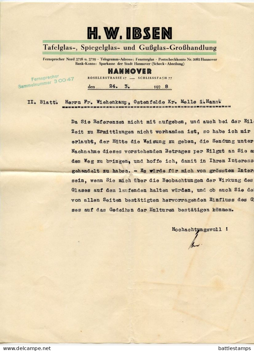 Germany 1927 Cover W/ Letter & Glass Sample; Hannover - H.W. Ibsen, Glass Wholeseller; 15pf. Kant X 2 - Brieven En Documenten