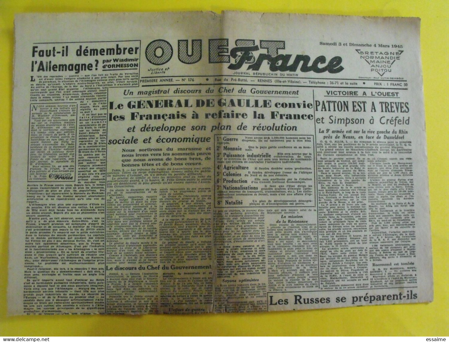 Journal L'Ouest France Du 3-4 Mars 1945. Guerre De Gaulle Patton Treves Ormesson Oflag Angers Cholet - Sonstige & Ohne Zuordnung