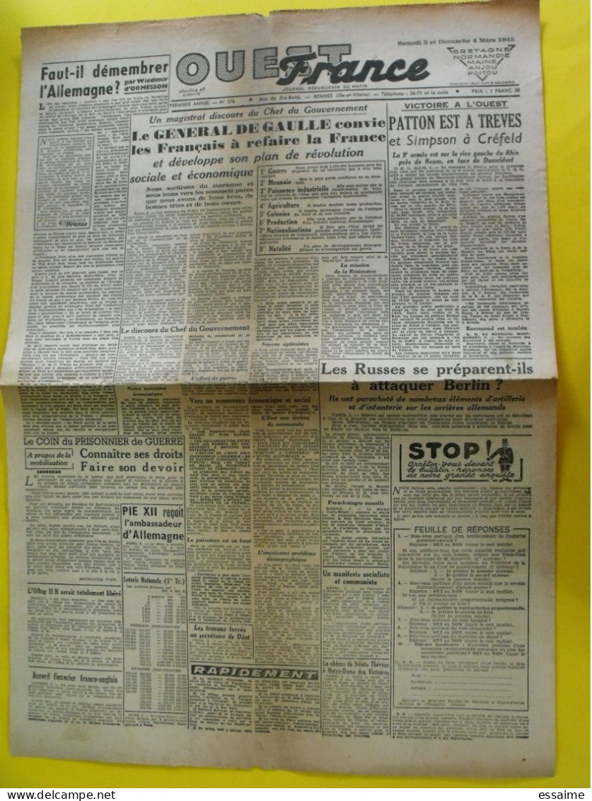Journal L'Ouest France Du 3-4 Mars 1945. Guerre De Gaulle Patton Treves Ormesson Oflag Angers Cholet - Altri & Non Classificati