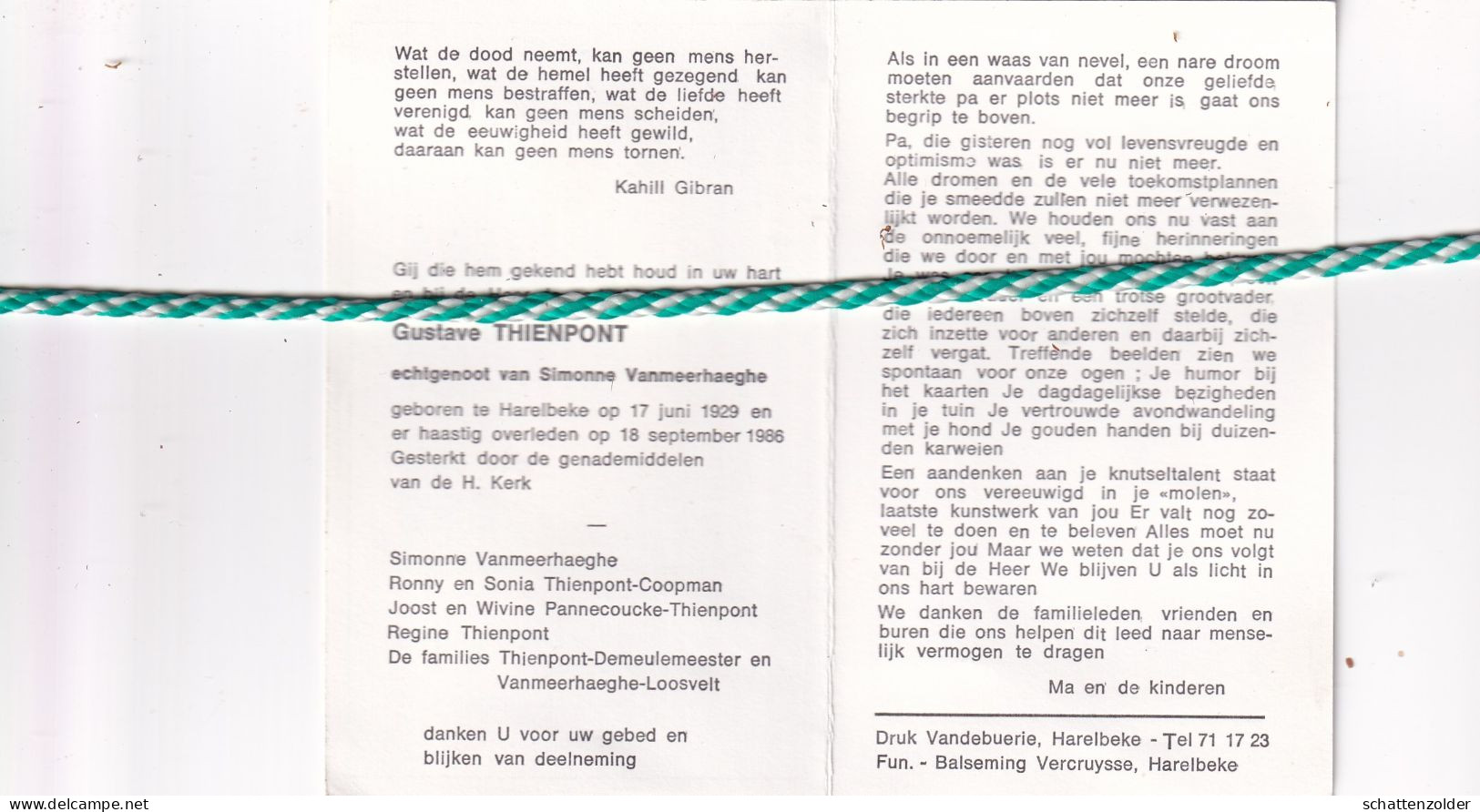 Gustave Thienpont-Vanmeerhaeghe, Harelbeke 1929, 1986 - Obituary Notices