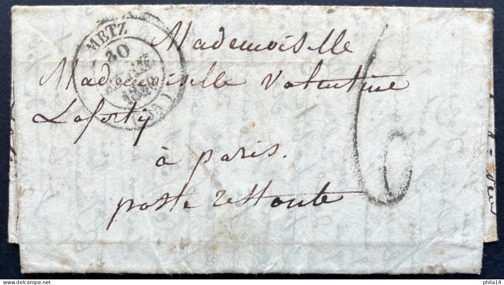 MARQUE POSTALE METZ MOSELLE POUR PARIS / 1845 / LAC / TAXE 6 - 1801-1848: Vorläufer XIX