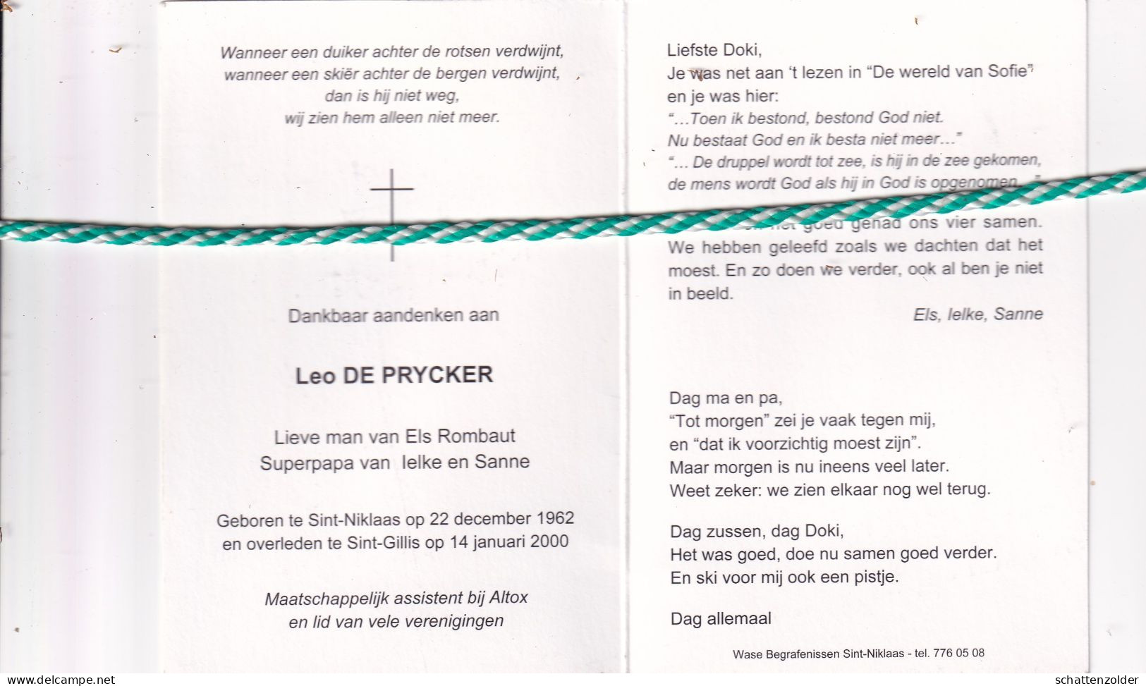 Leo De Prycker-Rombaut, Sint-Niklaas 1962, Sint-Gillis 2000. Foto Skiëen - Décès