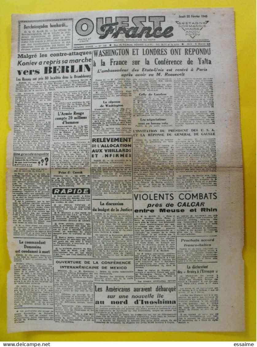 Journal L'Ouest France Du 22 Février 1945. Guerre De Gaulle Koniev Berlin Yalta épuration  LVF Demessine Calcar - Altri & Non Classificati