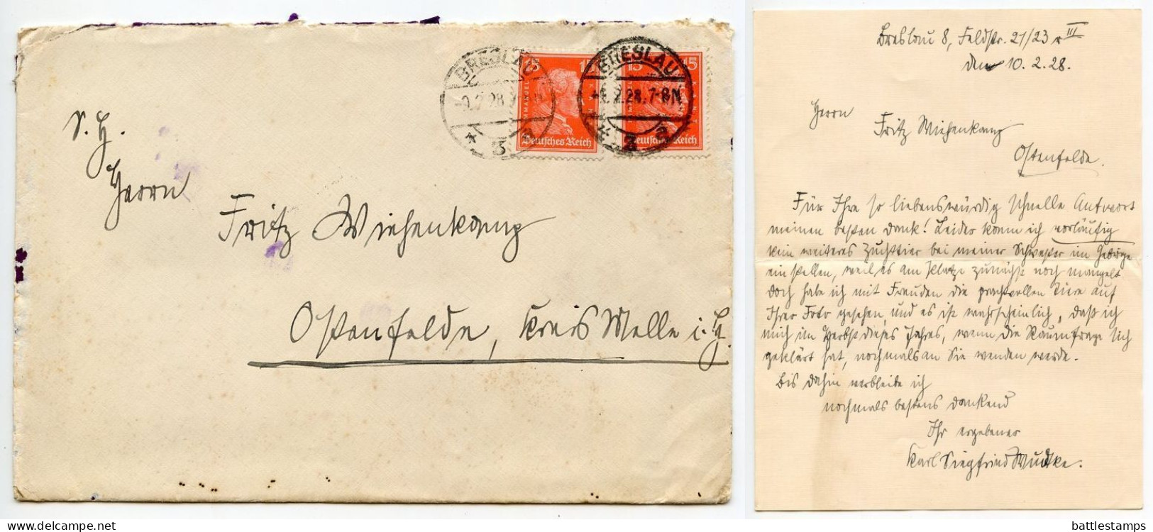 Germany 1928 Cover & Letter; Breslau To Ostenfelde; 15pf. Kant X 2 - Covers & Documents