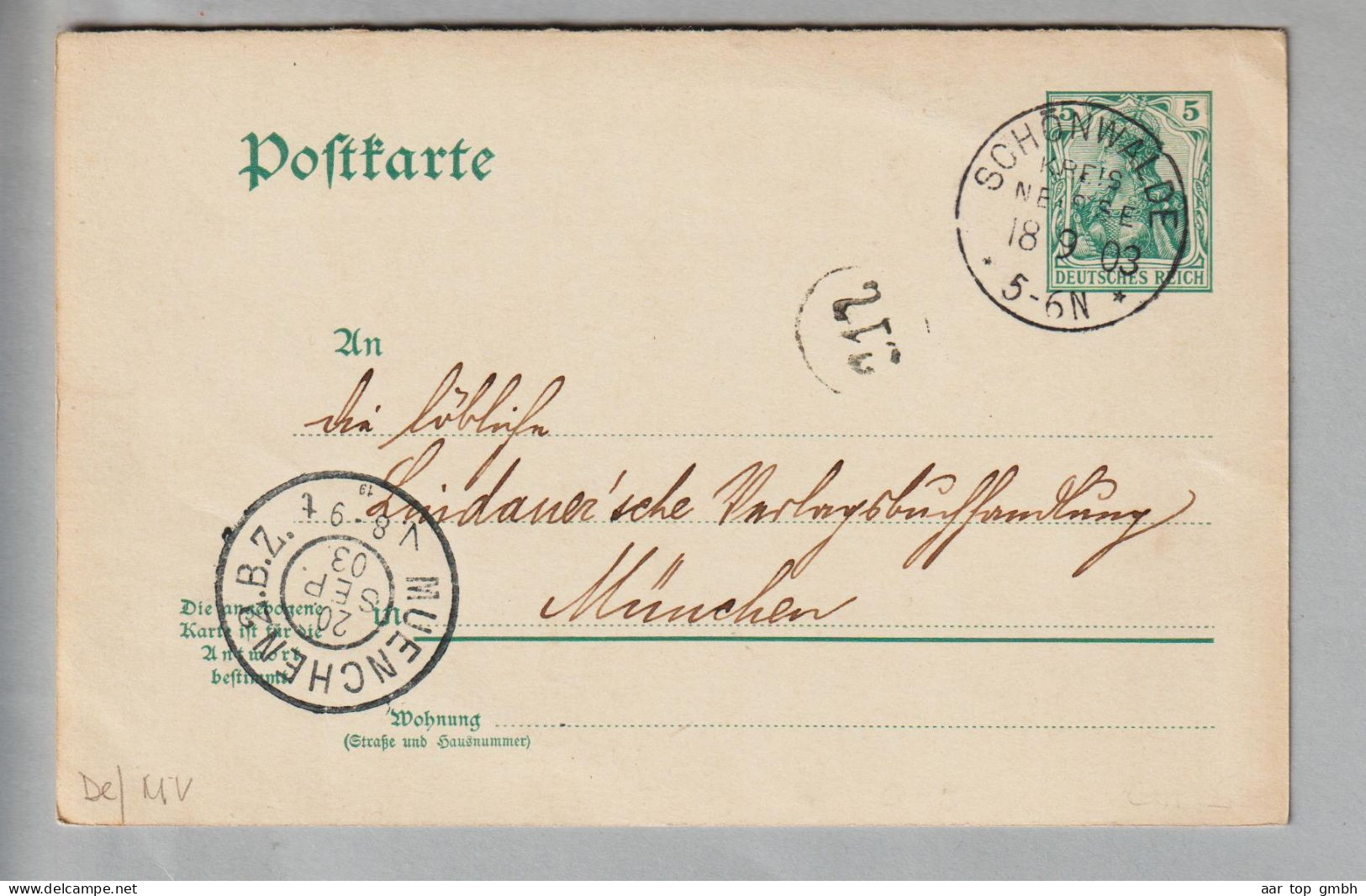 DE Heimat Me.Vorp. Schönwalde 1903-09-18 Auf 5 Pf. Ganzsache Nach München - Lettres & Documents