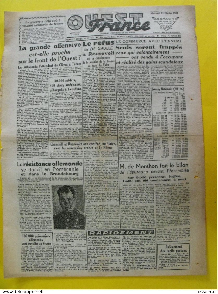 Journal L'Ouest France Du 21 Février 1945. Guerre De Gaulle De Menthon Roosevelt Négus Prisonniers Allemands - Other & Unclassified