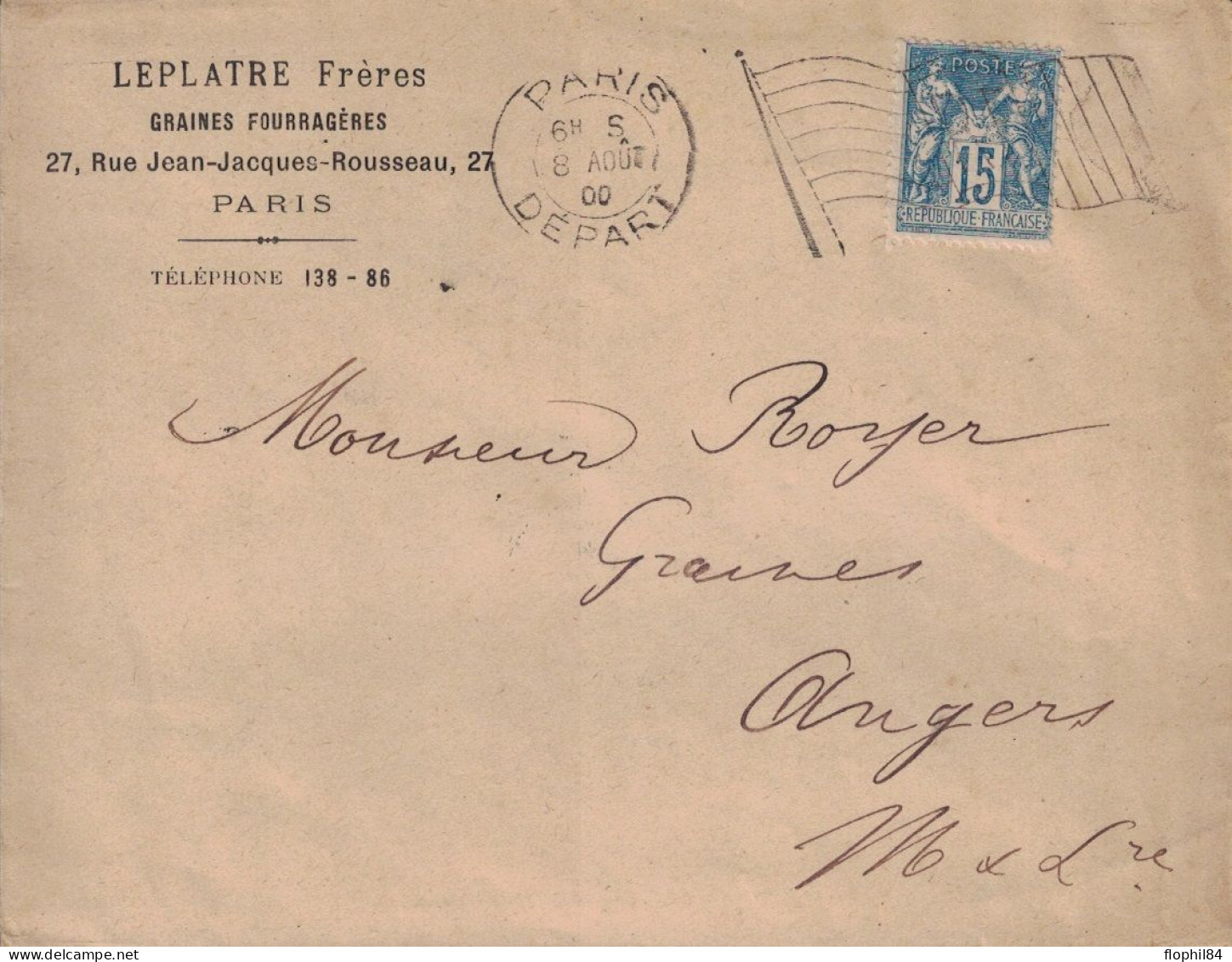 SAGE - DRAPEAU - PARIS DEPART DRAPEAU - ENVELOPPE DU 8 AOUT 1900 - 15c SAGE - ENTETE LEPLATRE FRERES GRAINES FOURRAGES - 1876-1898 Sage (Type II)