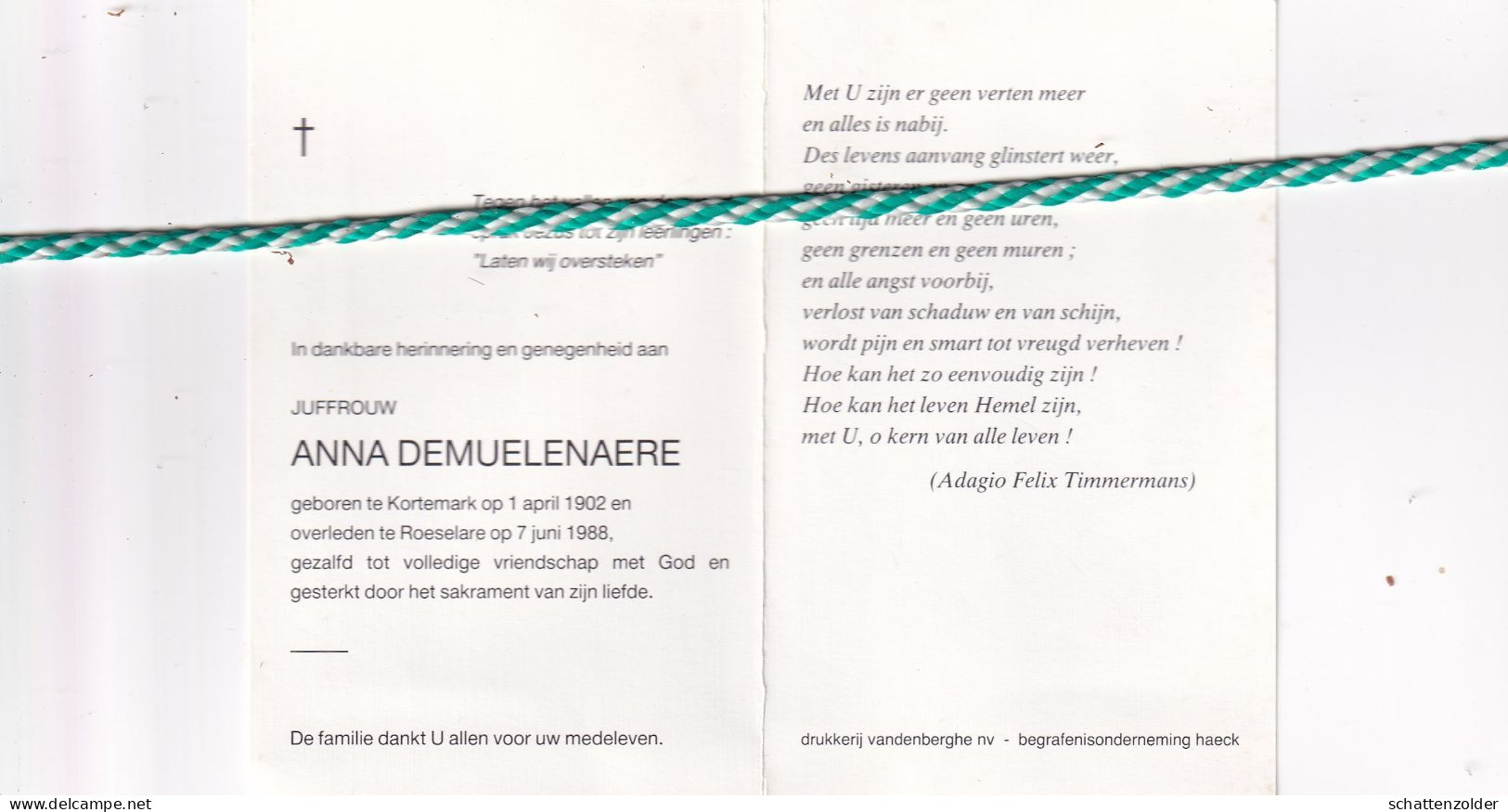 Anna Demeulenaere, Kortemark 1902, Roeselare 1988 - Obituary Notices