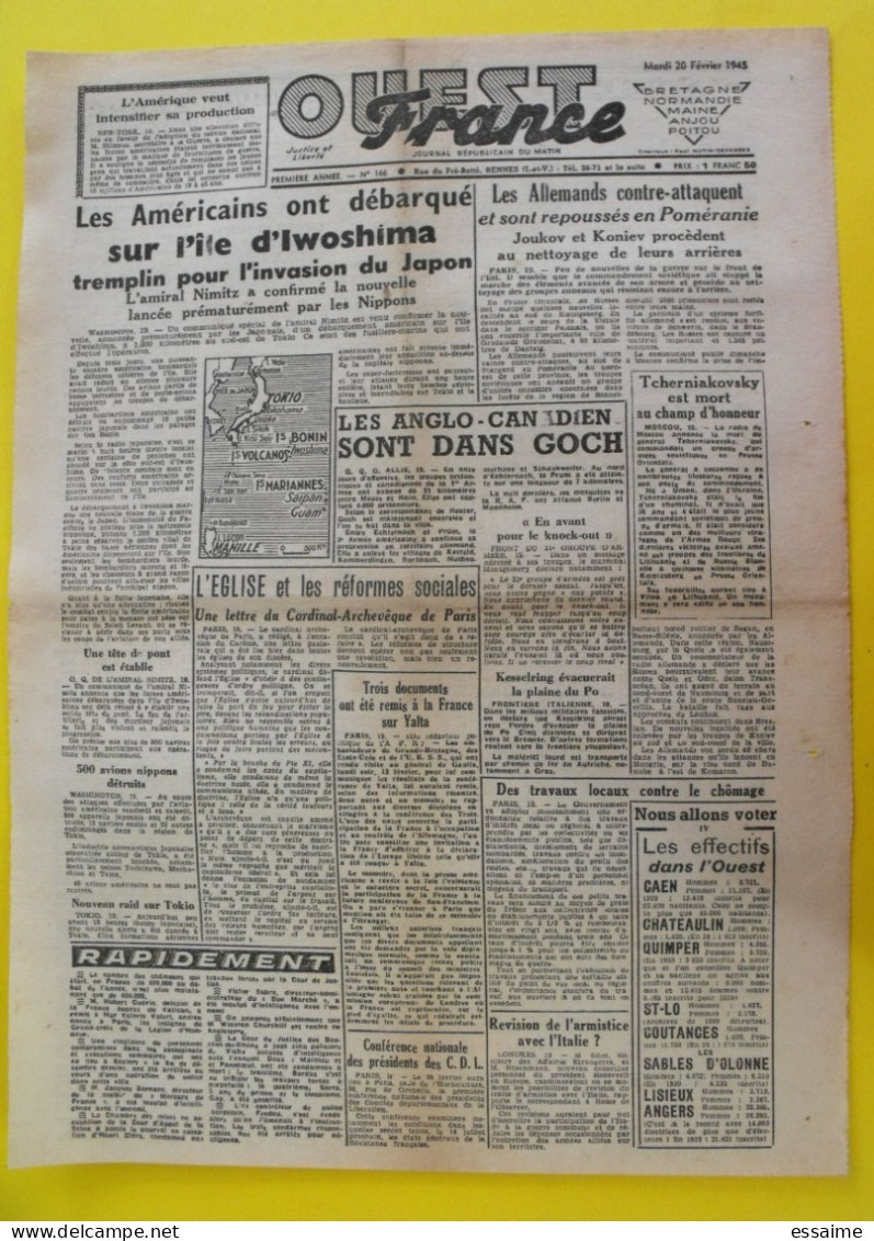 Journal L'Ouest France Du 20 Février 1945. Guerre De Gaulle Japon Iwoshima Goch Yalta Japon Tokio Bombardé - Otros & Sin Clasificación