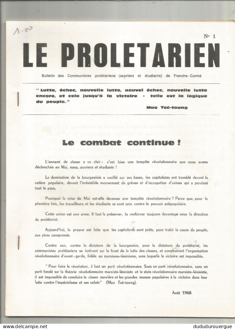 LE PROLETARIEN ; BULLETIN DES COMMUNISTES PROLETARIENS DE FRANCHE - COMTE : LE N ° 1 D AOUT 1968 - 1950 - Heute