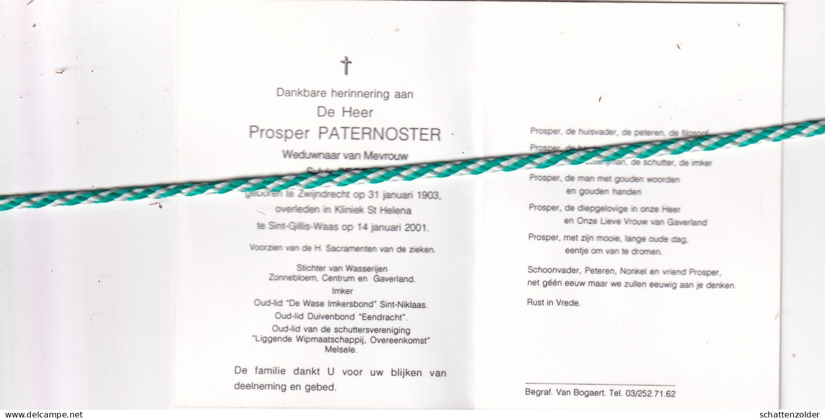 Prosper Paternoster-Segers, Zwijndrecht 1903, Sint-Gillis-Waas 2001. Stichter Wasserijen. Foto - Obituary Notices