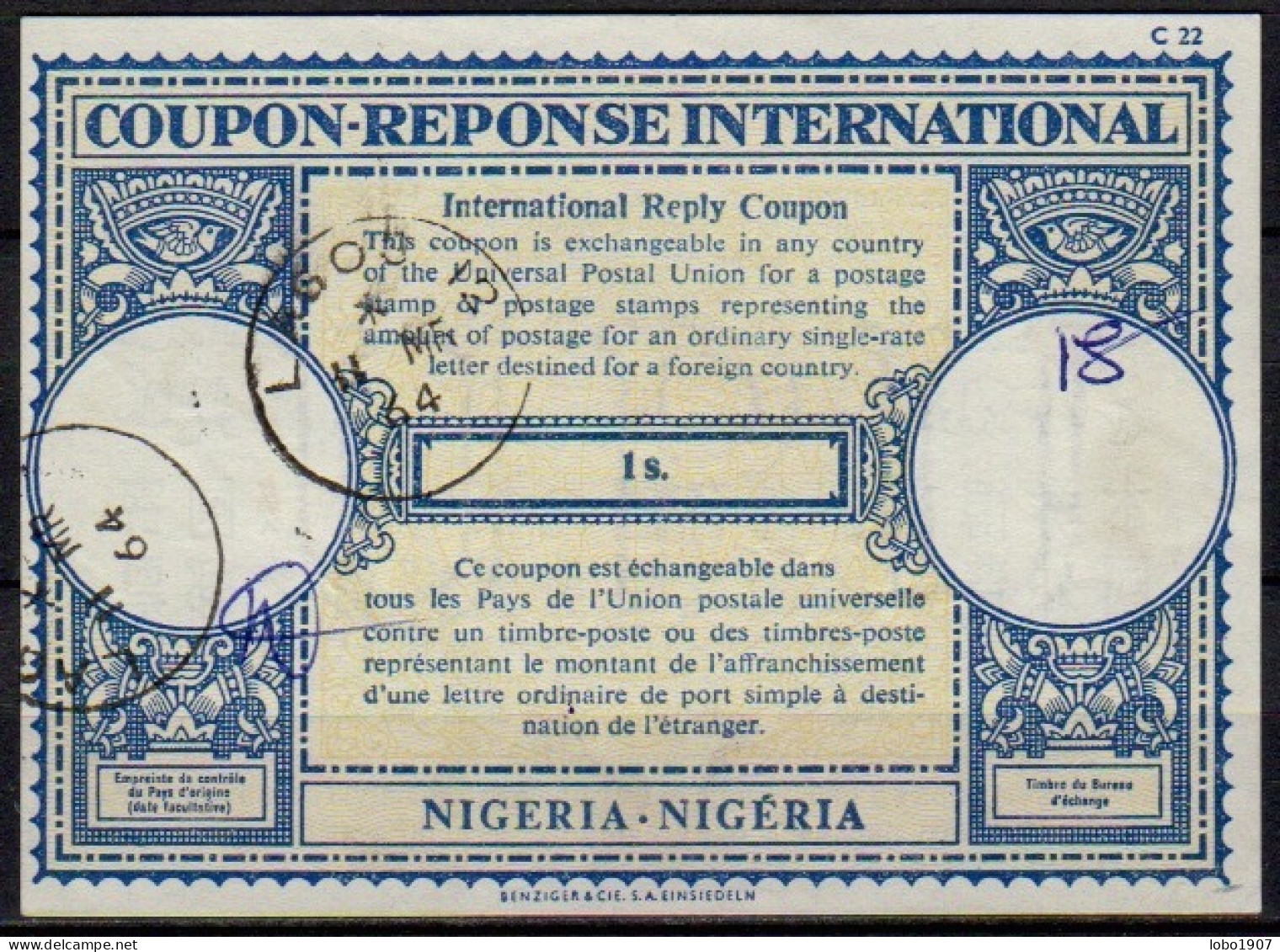 NIGERIA  Lo17 1s.  International Reply Coupon Reponse Antwortschein IRC IAS Cupon Respuesta  O LAGOS 11.03.64 - Nigeria (1961-...)