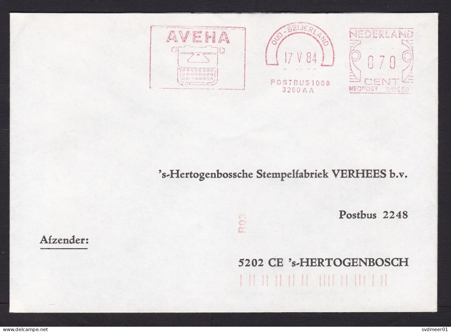 Netherlands: Cover, 1984, Meter Cancel, Aveha Typewriter, Typing Machine, Type Writing Machine (traces Of Use) - Lettres & Documents