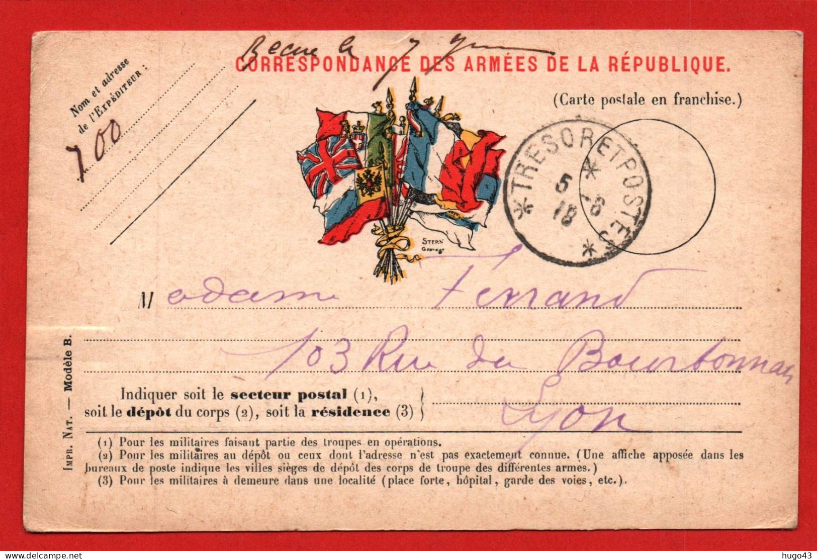 (RECTO / VERSO) CARTE CORRESPONDANCE DES ARMEES DE LA REPUBLIQUE LE 05/6/1918 - TRESOR ET POSTES - Lettres & Documents