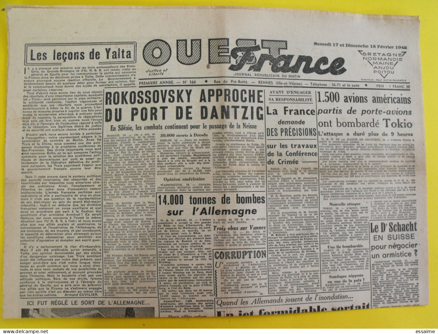 Journal L'Ouest France Du 17-18 Février 1945. Guerre De Gaulle Japon Dantzig Tokio Bombardé Schacht Yalta épuration - Other & Unclassified
