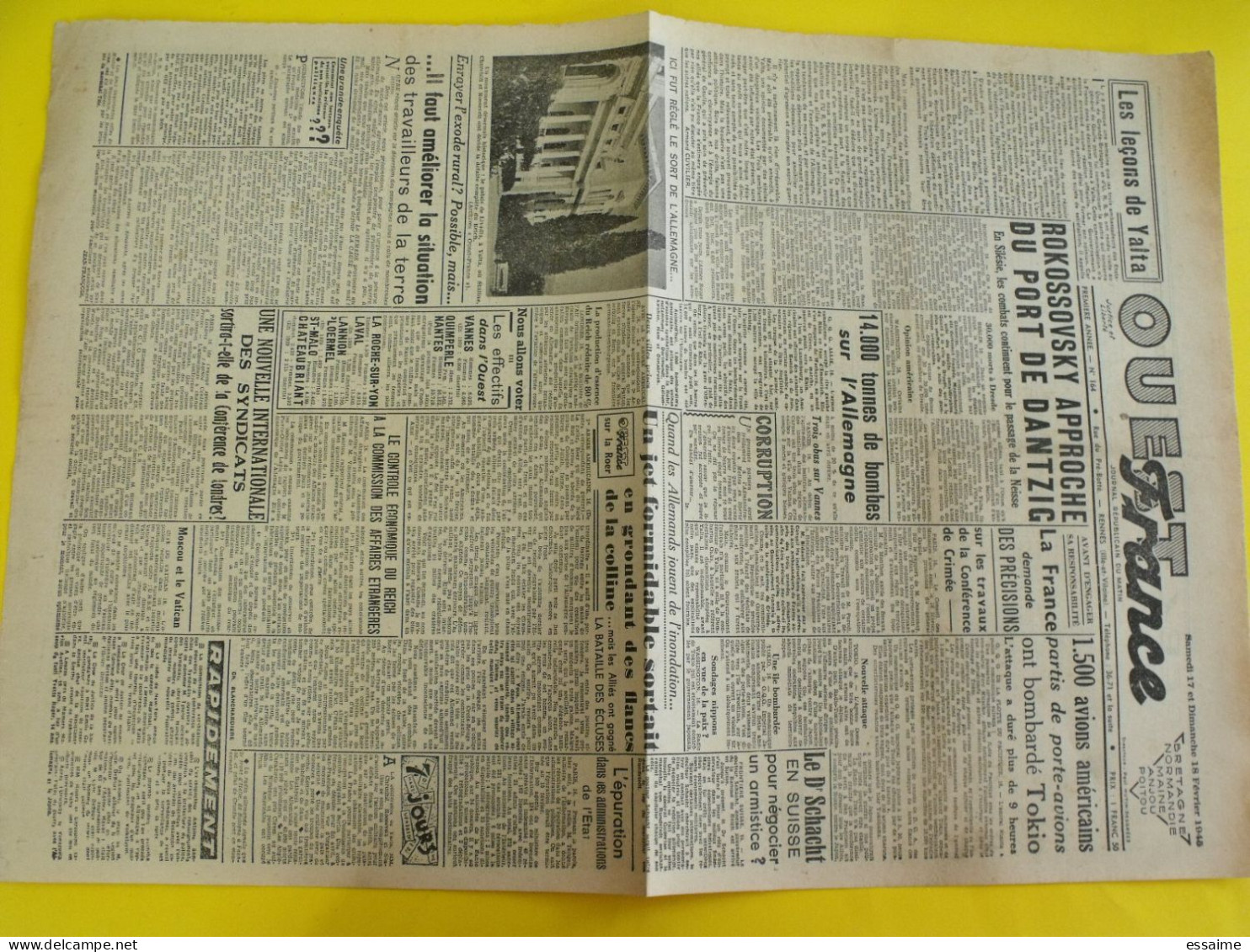 Journal L'Ouest France Du 17-18 Février 1945. Guerre De Gaulle Japon Dantzig Tokio Bombardé Schacht Yalta épuration - Altri & Non Classificati